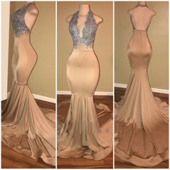 Formal Dress Outfit Ideas, Champagne With Silver Appliques Mermaid Deep V Open Front Backless Long Prom Dresses