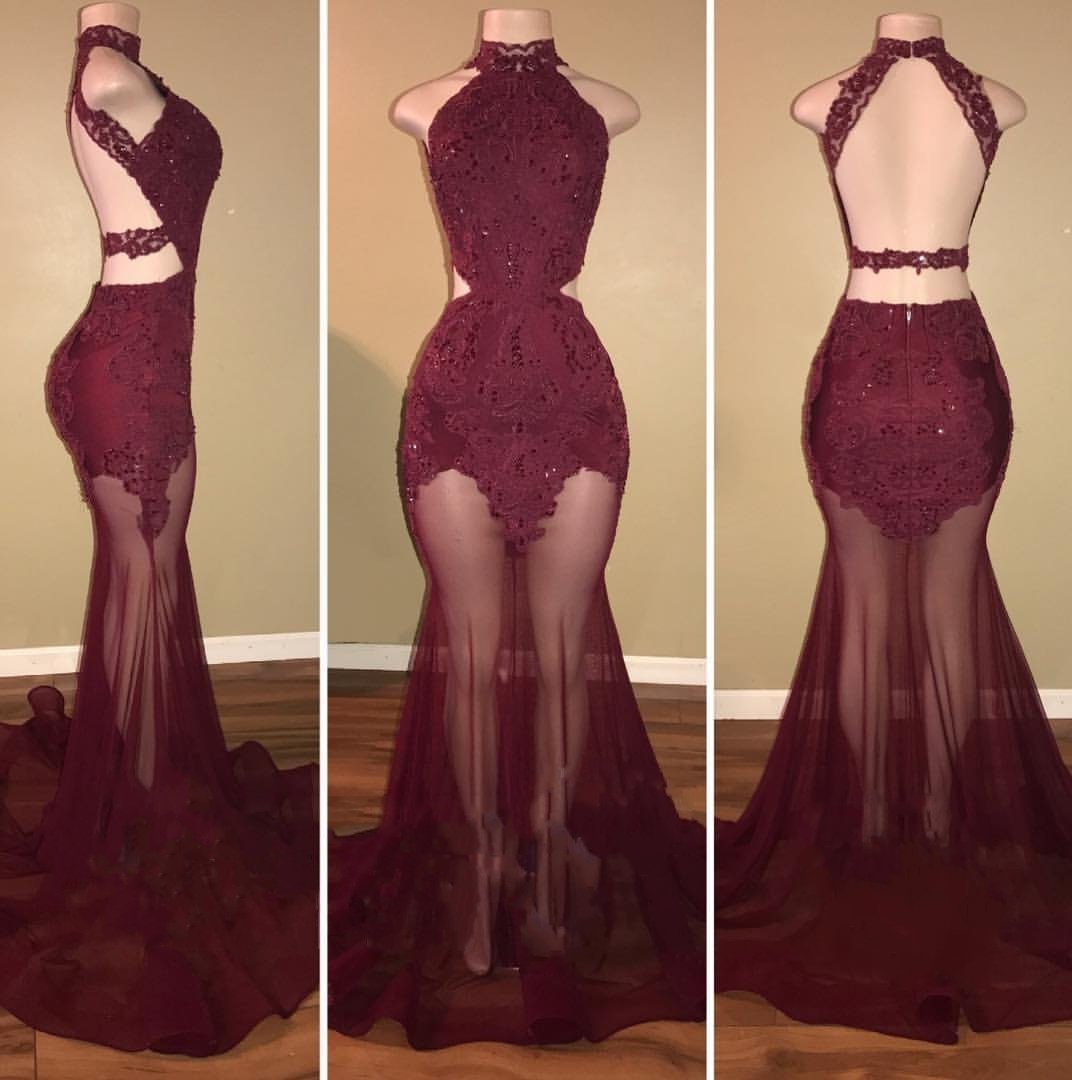 Prom Dress 2031, Burgundy Mermaid See Through Backless Tulle African Prom Dresses