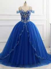 Evening Dress Green, Elegant Off Shoulder Tulle Royal Blue Beaded Sweetheart Ball Gown Prom Dresses