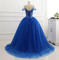 Evening Dress With Sleeve, Elegant Off Shoulder Tulle Royal Blue Beaded Sweetheart Ball Gown Prom Dresses