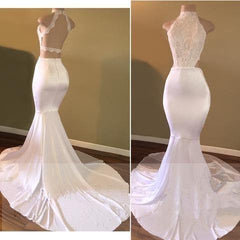 Prom Dresses Off The Shoulder, White Mermaid Backless Long African High Neck Lace Long Prom Dresses