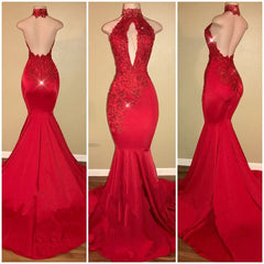 Evening Dress Prom, Sexy Mermaid Red High Neck Backless African Open Front Long Prom Dresses