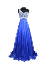Prom Dresses2036, Cheap A Line Royal Blue Chiffon One Shoulder Beaded Prom Dresses