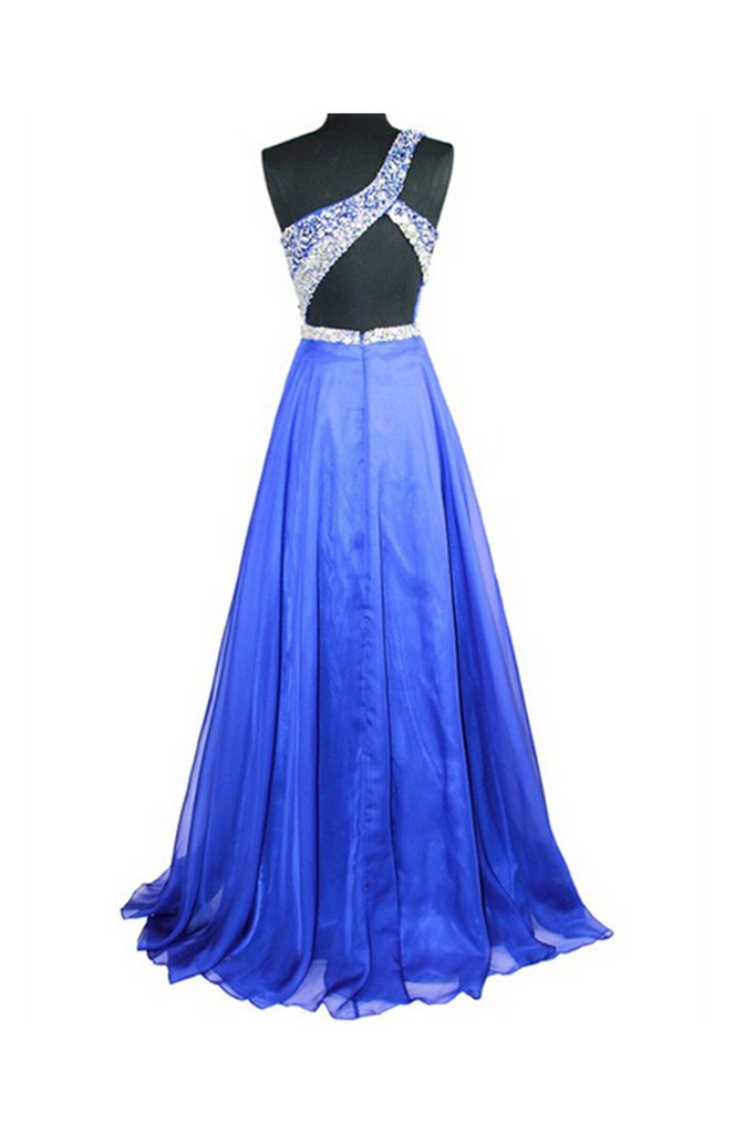 Prom Dresse 2036, Cheap A Line Royal Blue Chiffon One Shoulder Beaded Prom Dresses