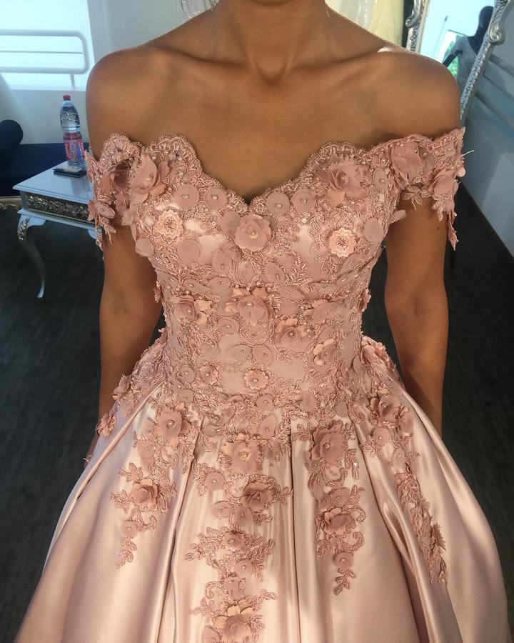 Prom Dresses 2036 Fashion Outfit, Charming Satin Off Shoulder Flowers Dusty Rose Ball Dresses