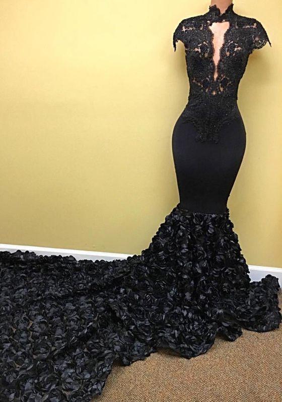 Prom Dresses Around Me, Sexy Mermaid Black High Neck Key Hole Rose Capped Sleeves Long Prom Dresses