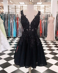 Prom Dress2036, Cheap Black A Line Knee Length V Neck Lace Short Prom Dresses