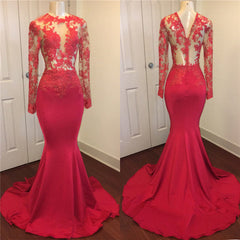 Evening Dresses Off The Shoulder, Sexy Mermaid Red See Through Zipper Long Sleeves Long African Prom Dresses