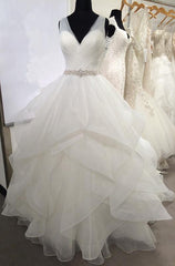 Wedding Dress V Neck, 2024 New Arrival Sweetheart Organza Ruffles Backless Pleated Ball Dresses