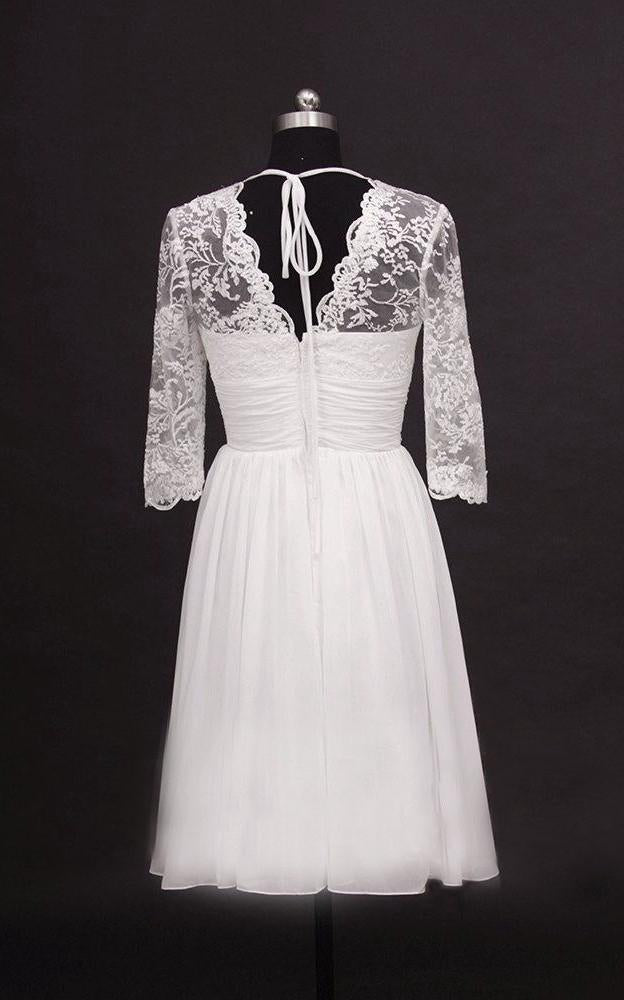 Wedding Dresses Gown, 2024 A Line Cheap V Neck Long Sleeves Chiffon Knee Length Short Lace Wedding Dresses