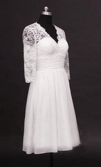 Wedding Dresse Unique, 2024 A Line Cheap V Neck Long Sleeves Chiffon Knee Length Short Lace Wedding Dresses
