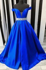 Prom Dress 2032, 2024 New Arrival A Line Satin Royal Blue Sweetheart Off Shoulder Beaded Long Prom Dresses