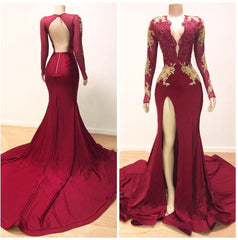 Prom Dress Outfits, 2024 Sexy Sheath Long Sleeves Burgundy and Gold Appliques Side Slit Deep V Neck African American Backless Prom Dresses