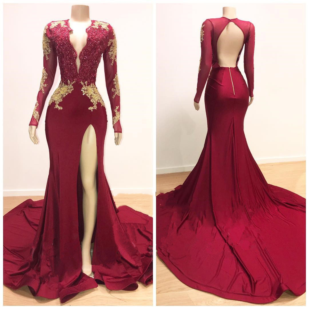 Formal Dress Styles, 2024 Sheath Long Sleeves Burgundy and Gold Appliques Side Slit Deep V Neck African American Backless Prom Dresses