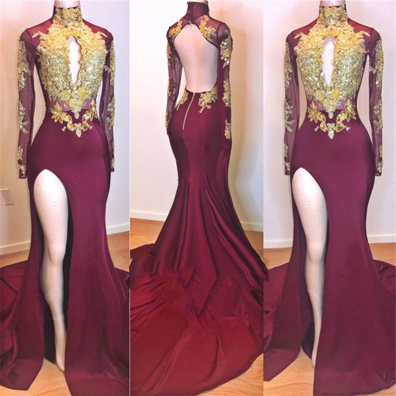 Evening Dresses And Gowns, 2024 Amazing Burgundy and Gold Appliques Long Sleeves High Neck Side Slit African American Prom Dresses