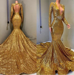 Prom Dress 2026, 2024 Sexy Mermaid Gold V Neck Backless Long Sleeves Sequence African American Prom Dresses