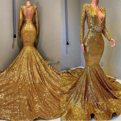 Evening Dress Long Elegant, 2024 Sexy Mermaid Gold V Neck Backless Long Sleeves Sequence African American Prom Dresses