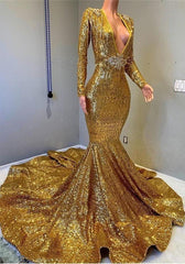 Prom Dresses Dresses, 2024 Sexy Mermaid Gold V Neck Backless Long Sleeves Sequence African American Prom Dresses