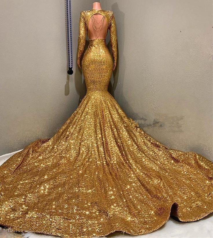 Prom Dress Dresses, 2024 Sexy Mermaid Gold V Neck Backless Long Sleeves Sequence African American Prom Dresses