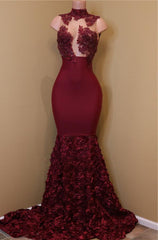 Prom Dress A Line, 2024 New Arrival Mermaid Burgundy High Neck Rose Ruffles Sleeveless Long African American Prom Dress