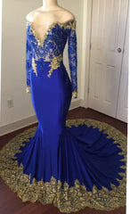 Prom Dress Gown, 2024 Sexy Mermaid Royal Blue And Gold Appliques Long Sleeves V Neck Off Shoulder Prom Dress