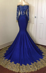 Prom Dresses Gown, 2024 Sexy Mermaid Royal Blue And Gold Appliques Long Sleeves V Neck Off Shoulder Prom Dress