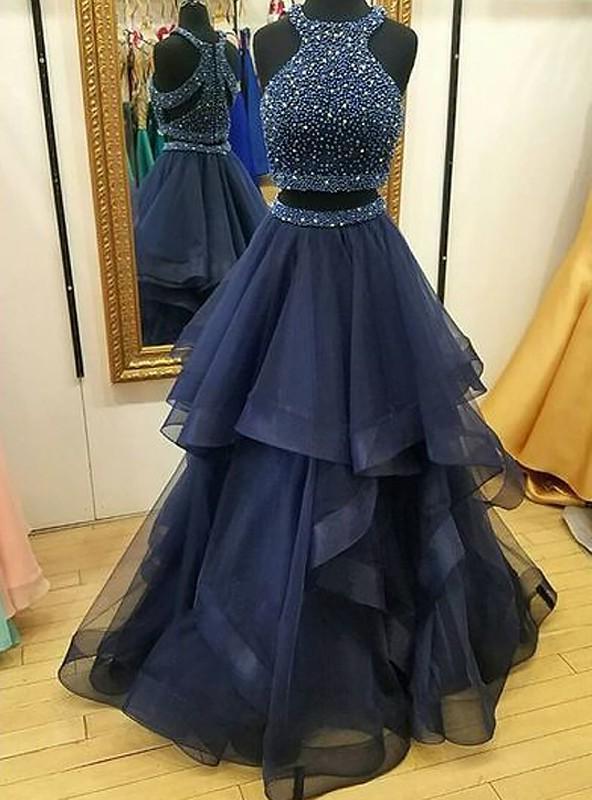 Prom Dresse Princess, 2024 Cheap A Line Ruffles Tulle Navy Blue High Neck Two Pieces Prom Dress