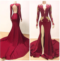 Evening Dress Designs, Sexy Sheath Burgundy And Gold Appliques Long Sleeves Side Slit V Neck Prom Dress 2024