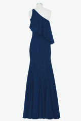 Sweet 32 Dress, One Shoulder Navy Blue Flounce Mermaid Long Bridesmaid Dress