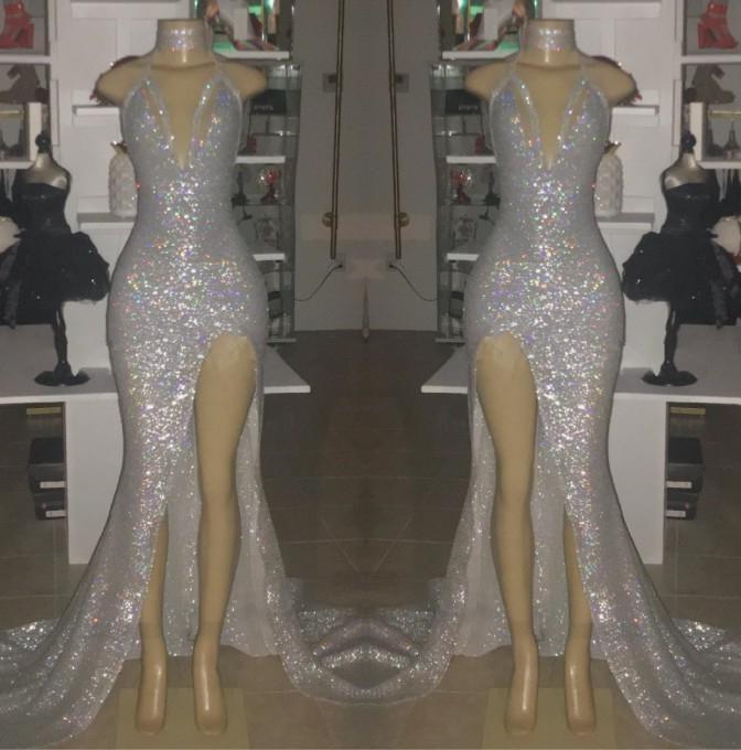 Prom Dress Boutiques Near Me, 2024 Sexy Silver Halter V-neck Side Split Sequins Prom Dresses