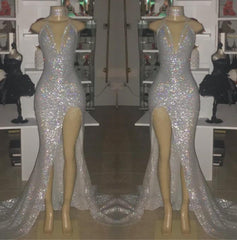 Prom Dress Boutiques Near Me, 2024 Sexy Silver Halter V-neck Side Split Sequins Prom Dresses