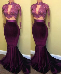 Formal Dress Store, Two Piece Long Sleeve Mermaid Turtle Neck Applique Prom Dresses