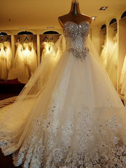 Wedding Dress Design, Rhinestone A Line Champagne Sweetheart Sleeveless Backless Applique Wedding Dresses