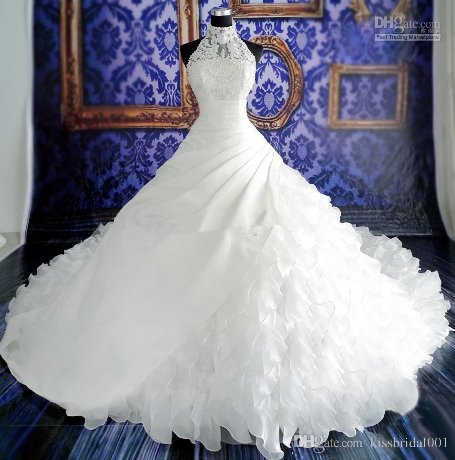 Wedding Dress Customization, Ruching Tiers Sheer High Neck Sleeveless Lace Applique Backless Wedding Dresses