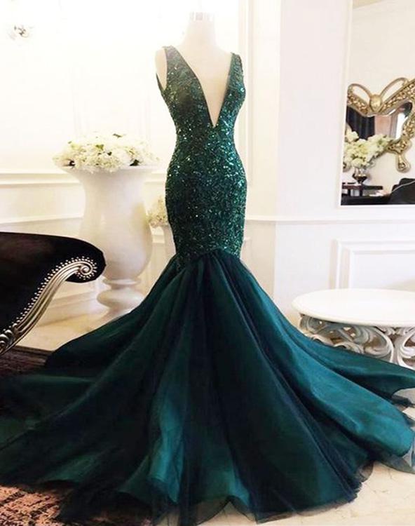 Prom Dress Spring, 2024 Unique Dark-Green Sequins Beaded V Neck Sleeveless Tulle Mermaid/Trumpet Prom Dresses