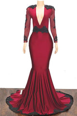 Evening Dresses Long Sleeve, 2024 Elegant Mermaid/Trumpet V Neck Long Sleeve Applique Beaded Backless Satin Prom Dresses
