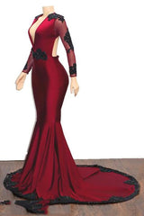 Evening Dress Long Sleeve, 2024 Elegant Mermaid/Trumpet V Neck Long Sleeve Applique Beaded Backless Satin Prom Dresses