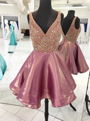 Evening Dress Long Sleeve Maxi, 2024 A-Line/Princess V Neck Sleeveless V Back Beading Layers Cut Short/Mini Homecoming Dresses