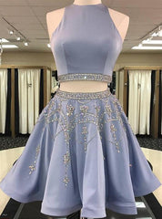 Prom Dresses Green, 2024 A-Line/Princess Jewel Neck Sleeveless Cut Out Back Beading Two Piece Cut Short/Mini Homecoming Dresses