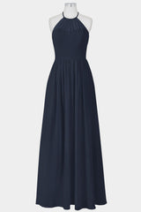 Navy Blue Dress, Elegant Navy Blue Chiffon A-line Long Bridesmaid Dress