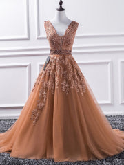 Formal Dress Websites, Deep V Neck Brown Tulle Appliques Sleeveless Flowers A Line Pleated Long 2024 Prom Dresses