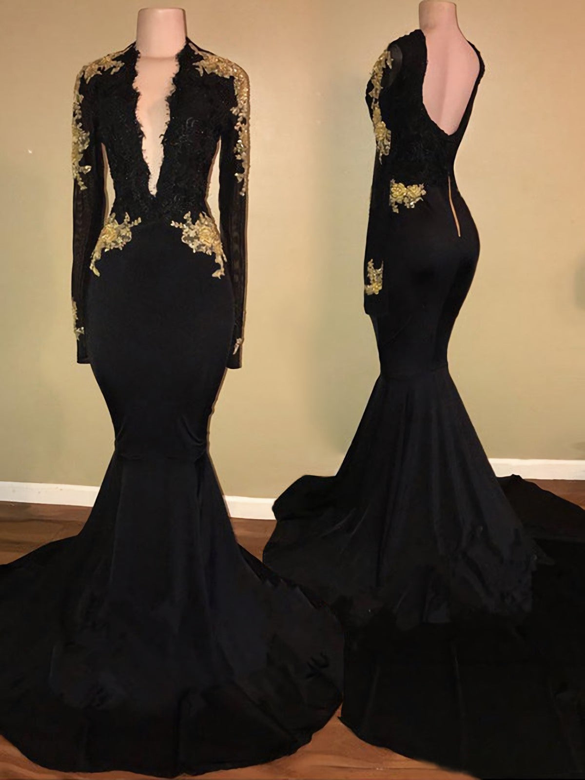 Formal Dresses On Sale, Deep V Neck Backless Long Sleeve Satin Black Mermaid Appliques 2024 Prom Dresses