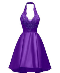 Prom Dresses Piece, Halter Deep V Neck Satin Appliques Purple Backless Pleated A Line Homecoming Dresses