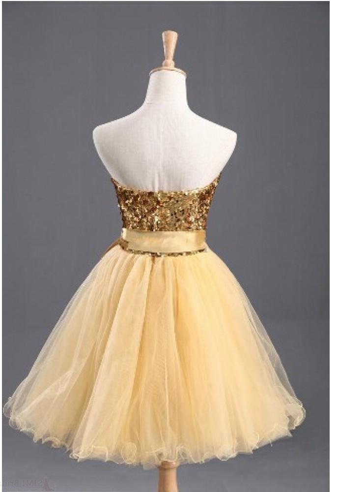 Prom Dresses Pieces, Strapless Sweetheart Backless Light Yellow Sequins Bow Knot A Line Homecoming Dresses