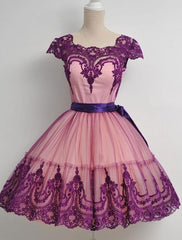 Prom Dresses For Short People, Square Neck Fuchsia Cap Sleeve A Line Appliques Lace Ribbon Trim Homecoming Dresses