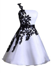 Prom Dress Long Elegent, A Line One Shoulder Lace Up White Satin Appliques Flowers Homecoming Dresses