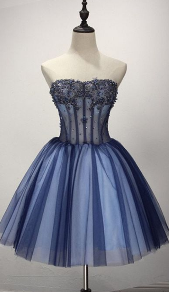 Long Gown, Strapless Appliques Tulle Beaded Pleated Dark Blue Cute Elegant Homecoming Dresses