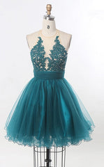 Evening Dresses For Over 52, A Line Scoop Sleeveless Sheer Appliques Tulle Pleated Ruched Backless Homecoming Dresses