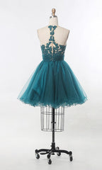 Evening Dress Knee Length, A Line Scoop Sleeveless Sheer Appliques Tulle Pleated Ruched Backless Homecoming Dresses