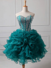 Formal Dresses And Gowns, Ruffles Strapless Sweetheart Backless Rhinestone Organza Teal Homecoming Dresses
